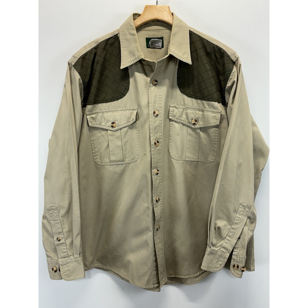 Vtg Cabela's Hunting Shirt Men's XL Tan Button Up Shoulder Patches 2 Pocket READ